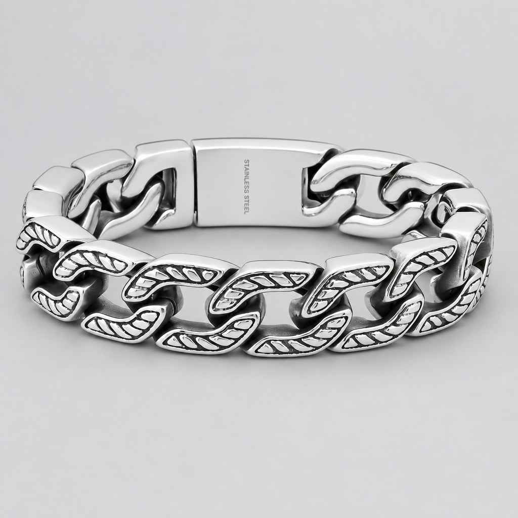 Men’s Heavy Stainless Steel Cuban Link Bracelet. Oxidized Chevron Accent Biker Chain