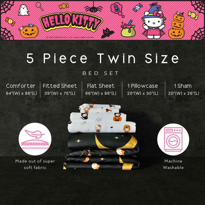 Sanrio Hello Kitty Halloween Pumpkin Twin Bed Set – Super Soft & Cozy 4 Piece Reversible Comforter and Sheet Set (Officially Licensed Product) by Franco