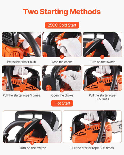 VEVOR Gas Chainsaw, 25.4CC 12" 1.2HP, Gasoline Powered Chain Saw, Handheld Cordless Petrol Chainsaws for Tree Wood Branch Cutting, Tree Trimming, Land Clearing, Farm Garden Ranch Forest Cutting Use 🍁 All In One Marketplace Canada