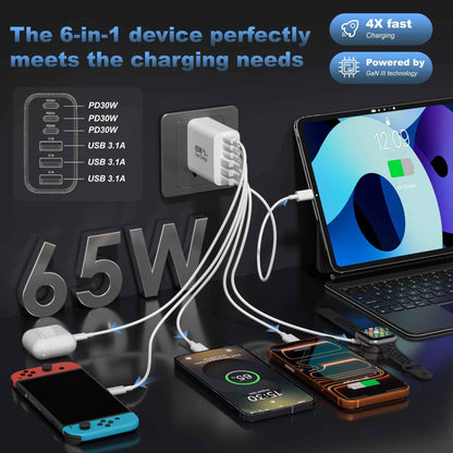 USB C Charger Block,65W 6-Port Multi Device Fast Charger PD QC Wall Adapter 🍁 All In One Marketplace Canada