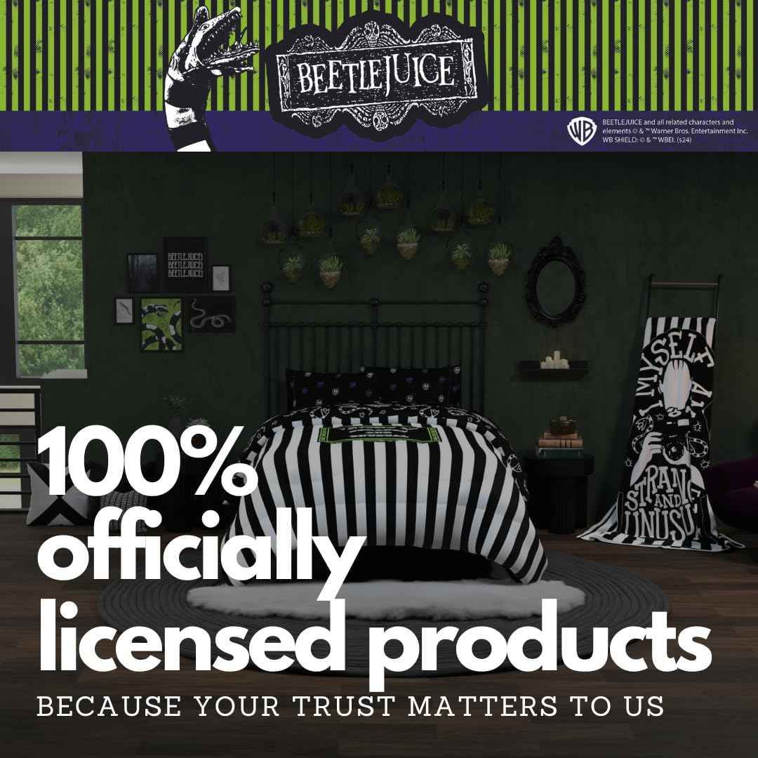 Franco Collectibles Beetlejuice Halloween Striped Bedding 5 Piece Super Soft Reversible Comforter and Sheet Set, Queen, (Officially Licensed Product)