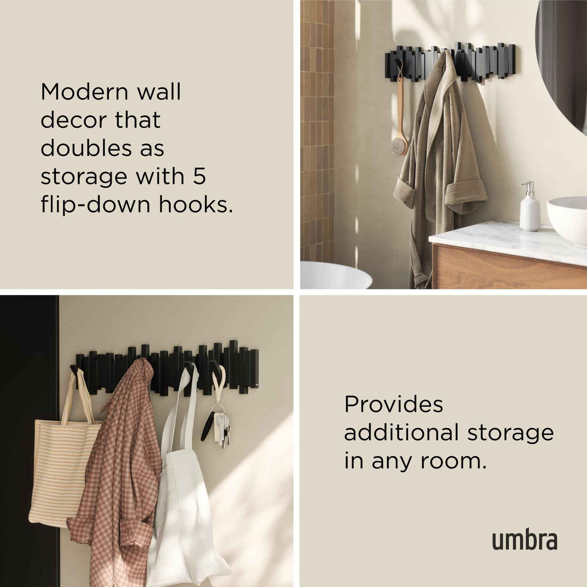 Umbra Sticks Wall-Mounted Coat Rack Rail Hook with 8 Retractable Pegs – Modern, Space-Saving Storage Organizer, Black 🍁 All In One Marketplace Canada