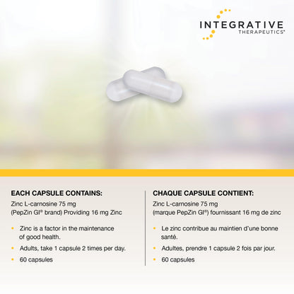 Integrative Therapeutics Zinc Carnosine – Premium Zinc Supplement – 75mg of Zinc Carnosine – Factor in the Maintenance of Good Health - PepZin GI – 60 Capsules 🍁 All In One Marketplace Canada
