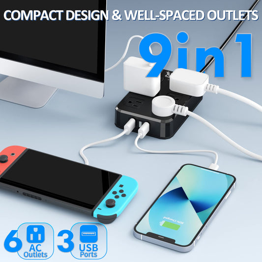 Outdoor Power Strip Weatherproof, Waterproof Surge Protector with 6 Wide Outlet with 3 USB Ports, 6FT Long Extension Cord,1875W Overload Protection，Outlet Extender for Christmas Lights ETL Black 🍁 All In One Marketplace Canada