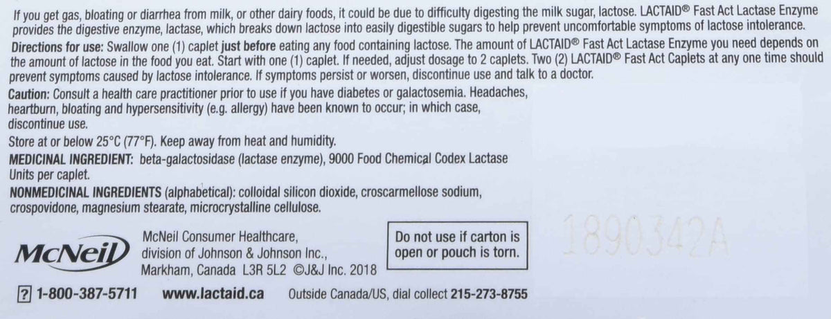 Lactaid Fast Acting Caplets - Lactose Enzyme Break Down - Gas, Bloating or Diarrhea - Milk & Dairy - 40 Caplets Per Package 🍁 All In One Marketplace Canada