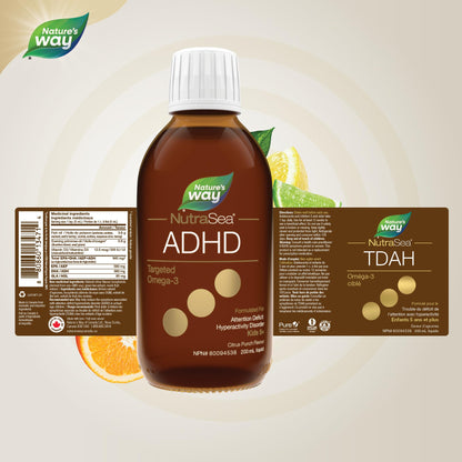 Nature's Way NutraSea ADHD Targeted Omega-3, For kids age 5+, 940 mg of EPA + DHA, 80 mg of GLA, 500 IU Vitamin D3, 200 ml Liquid 🍁 All In One Marketplace Canada