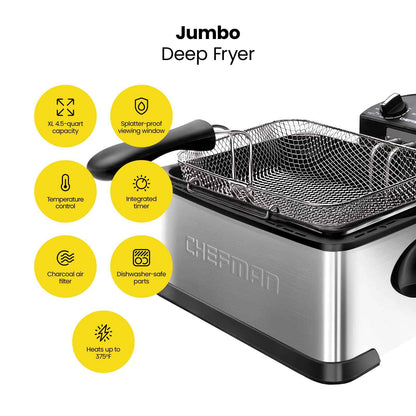 Chefman 4.3 Liter Deep Fryer with Basket for Home Use, XL Jumbo Size Fry Basket Strainer, Adjustable Temperature & Timer Fish Fryer, Chicken Fryer, French Fry Maker, Gifts for Cooks, Stainless Steel 🍁 All In One Marketplace Canada