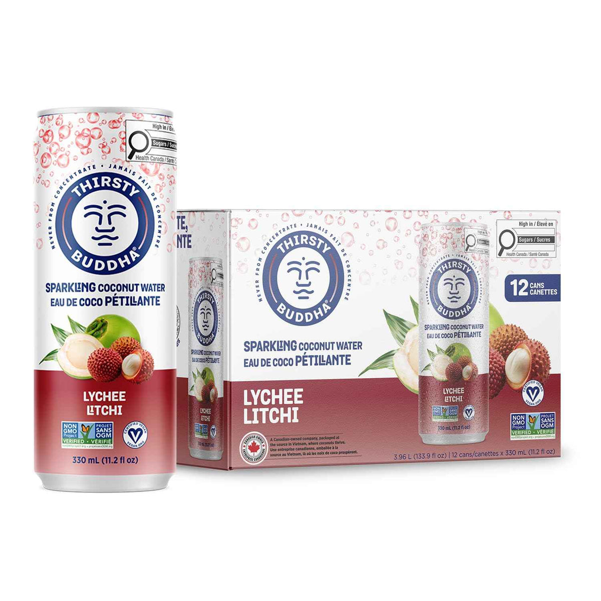 THIRSTY BUDDHA Sparkling Coconut Water with Lychee, No Added Sugar, Pure Coco Drink, Natural Fruit Flavour, Electrolyte & Nutrient-Rich, 12 Pack, (12/330ml) 🍁 All In One Marketplace Canada