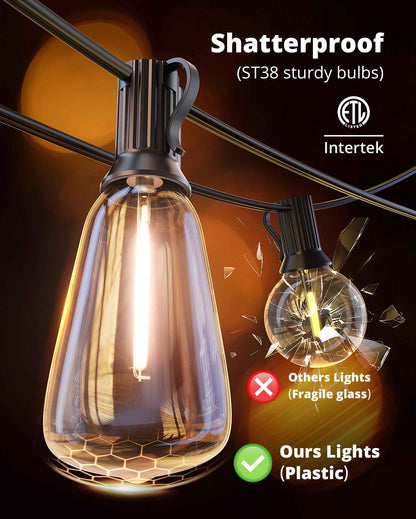 VIPAR Outdoor String Lights 60FT LED Patio Lights Waterproof with 28 Shatterproof ST38 Edison Bulbs Outside Hanging Light Dimmable Connectable for Porch, Deck, Garden, Backyard, Balcony, Decor, 2700K 🍁 All In One Marketplace Canada