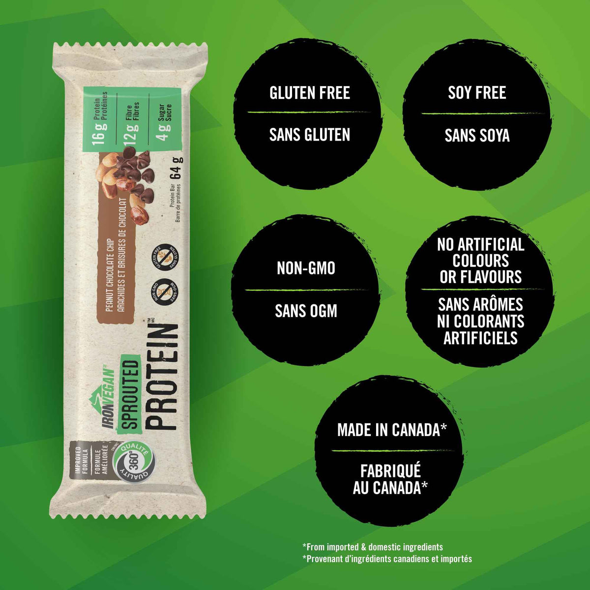 Iron Vegan Sprouted Protein Bars | Peanut Chocolate Chip Flavour | 12 Pack 🍁 All In One Marketplace Canada