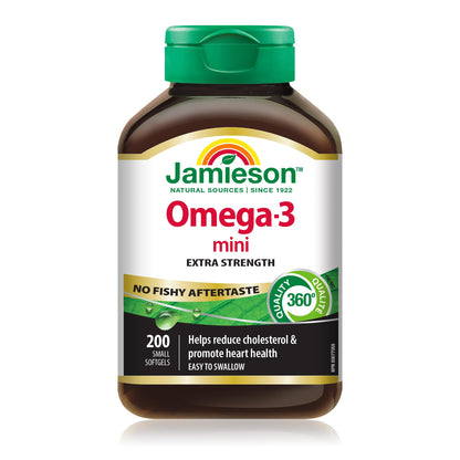 Jamieson Omega-3 Mini Softgels, No Fishy Aftertaste, Improves Heart Health, and Supports Brain Health. With 210 mg EPA and 140 mg DHA, No Burpback, Easy to Swallow, Gluten-Free, Non-GMO, 200 Count 🍁 All In One Marketplace Canada