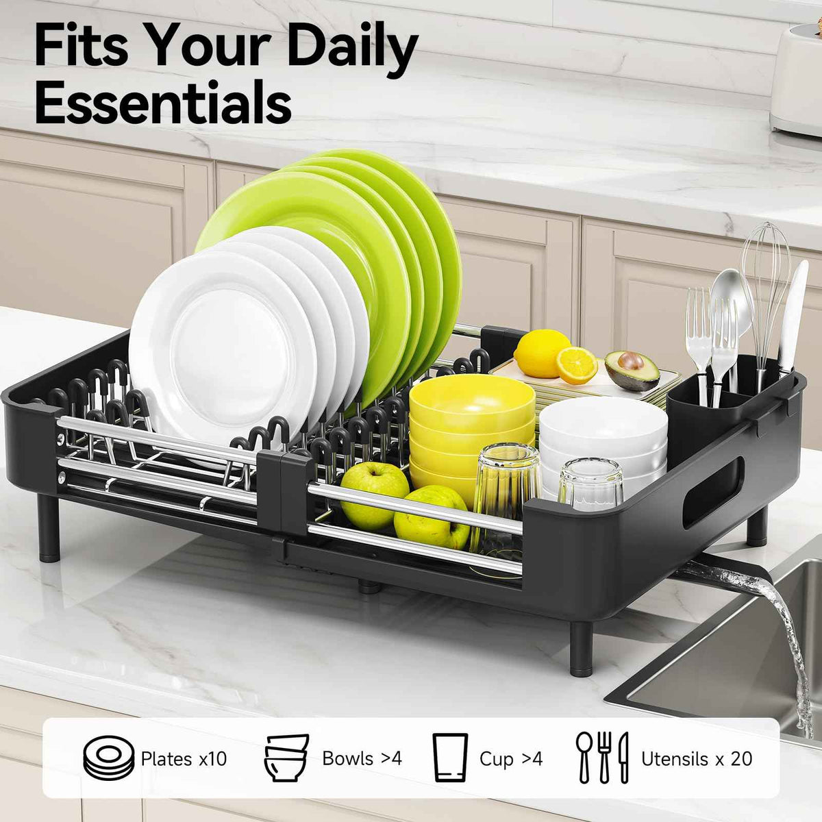 Urackify Extendable Dish Drying Rack, Dual Part Dish Drainers with Non-Scratch and Movable Cutlery Drainer and Drainage Spout, Adjustable Dish Rack for Kitchen,Black 🍁 All In One Marketplace Canada
