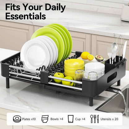 Urackify Extendable Dish Drying Rack, Dual Part Dish Drainers with Non-Scratch and Movable Cutlery Drainer and Drainage Spout, Adjustable Dish Rack for Kitchen,Black 🍁 All In One Marketplace Canada