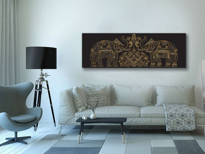 Lucky Trunk Up Elephants- Wildlife Canvas-Gold varnish