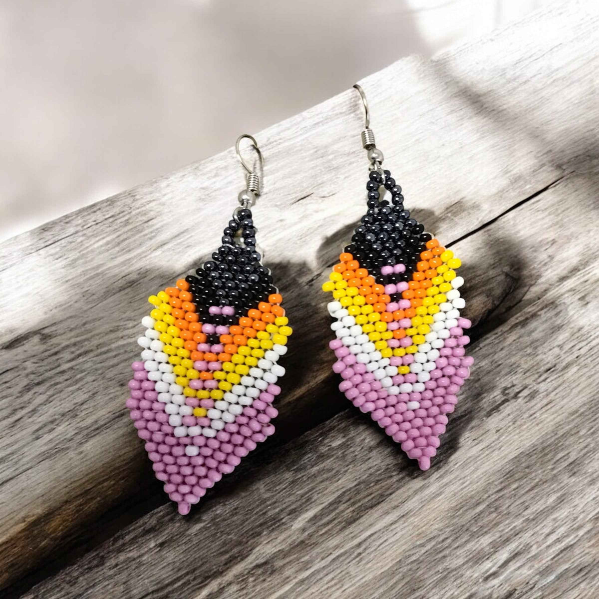 OldTribes™ pink and black Beaded Feather Drop Earrings