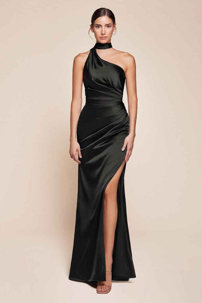 One shoulder neckline, gathered waistline & leg slit