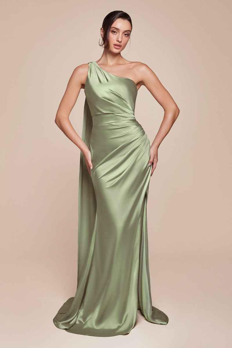One shoulder neckline, gathered waistline & leg slit