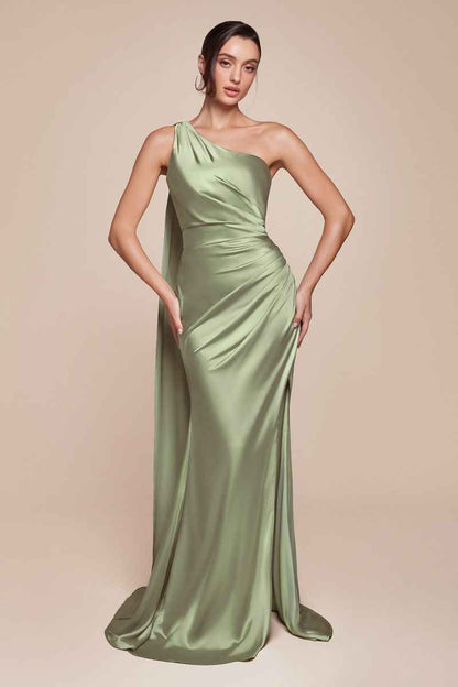 One shoulder neckline, gathered waistline & leg slit