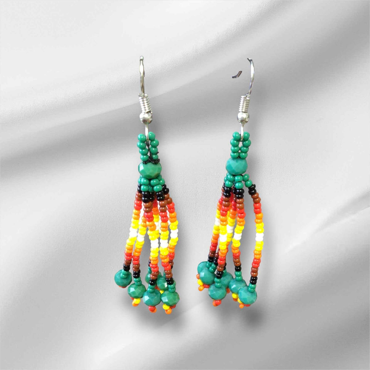 Green Six-Strand Beaded Cascade Earrings