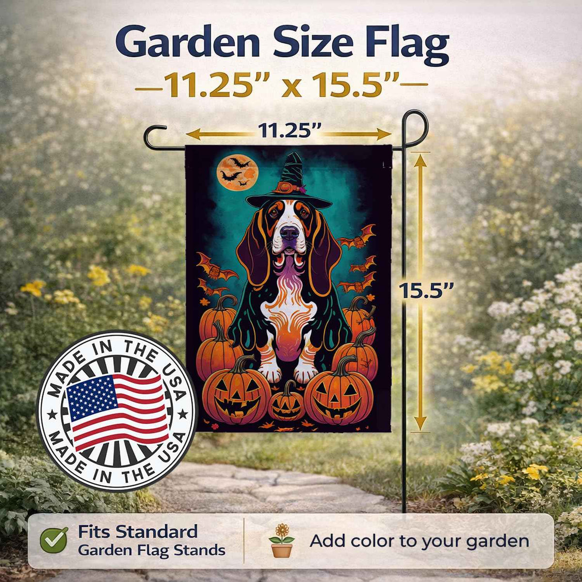 Caroline's Treasures Basset Hound Witchy Halloween Garden Flag