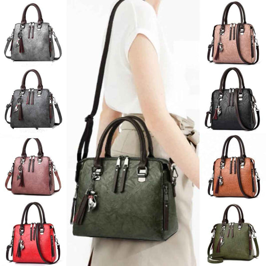 Vintage PU Leather Tassel Handbag for Women, Top-Handle Shoulder Bag
