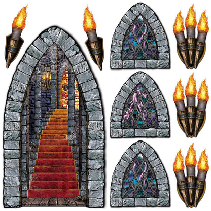 Beistle Medieval Stairway, Window & Torch Props, 9 Images, Haunted Castle Wall Decorations, Spooky Gothic Scene for Halloween Parties & Dungeon Themes, Printed Plastic Cutouts, 18” to 60”