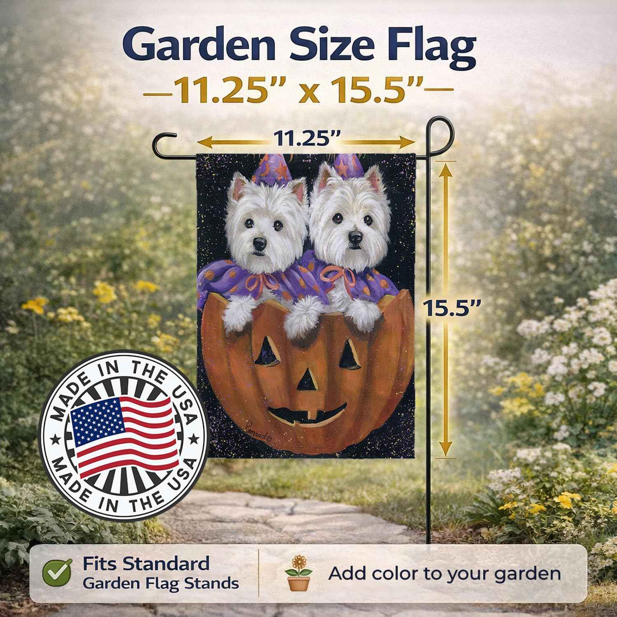 Caroline's Treasures PPP3205GF Westie Halloween Pumpkin Ride Flag Garden Size, Small, Multicolor
