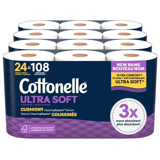 Cottonelle Toilet Paper, 24 Family Mega Rolls = 108 Regular Rolls (4 Packs of 6), Ultra Soft (Formerly Ultra Comfort), Soft Bathroom Tissue, 296 Sheets per Roll, Packaging May Vary 🍁 All In One Marketplace Canada