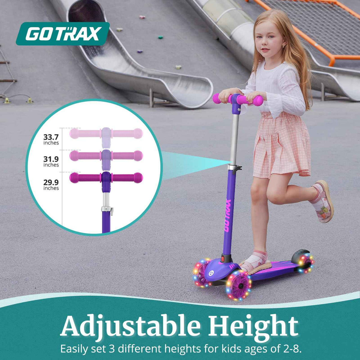 Gotrax KS1 Kids Kick Scooter, LED Lighted Wheels and 3 Adjustable Height Handlebars, Lean-to-Steer & Widen Anti-Slip Deck, 3 Wheel Scooter for Boys & Girls Ages 3+ and up to 100 Lbs (Purple) 🍁 All In One Marketplace Canada