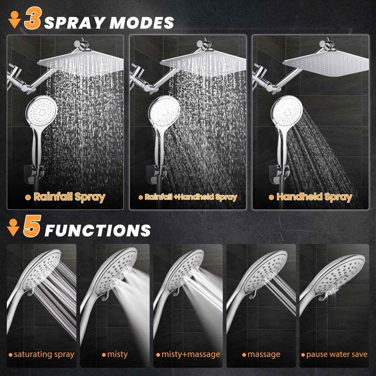 COSYLAND Rain Shower Head with Handheld - 304 Stainless Steel High Pressure 8 inch Square Rainfall Showerhead Combo with 3 Spray Mode 11 inch Extension Adjustable Arm & 60 inch Hose - Chrome 🍁 All In One Marketplace Canada