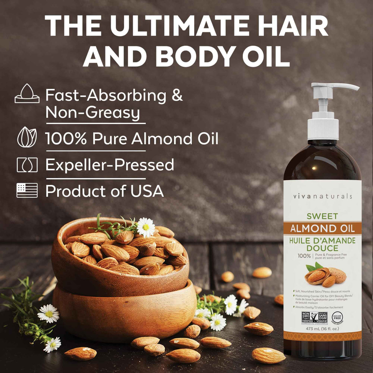 Viva Naturals Sweet Almond Oil – Almond Oil for Skin, Hair & Face, Body Oil After Shower, Body Oil for Dry Skin, Carrier Oil for Essential Oils & Almond Hair Oil, 16 fl oz 🍁 All In One Marketplace Canada