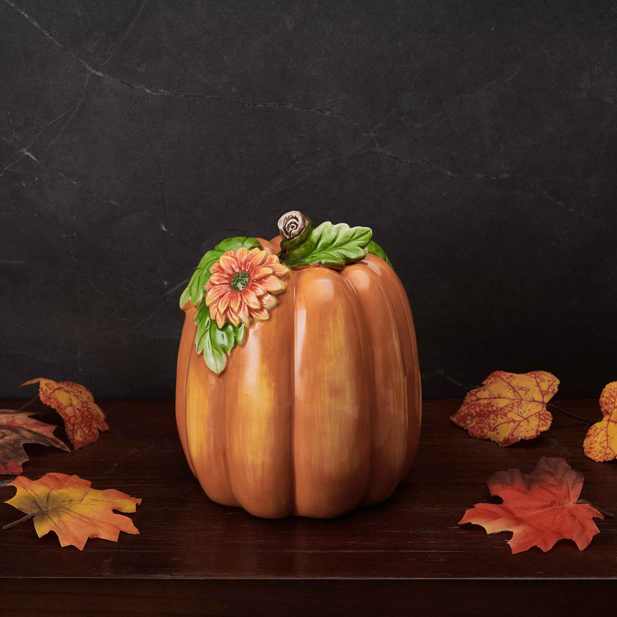 Fitz and Floyd Harvest Halloween Tall Flower Pumpkin Ceramic Figurine, 7 inch