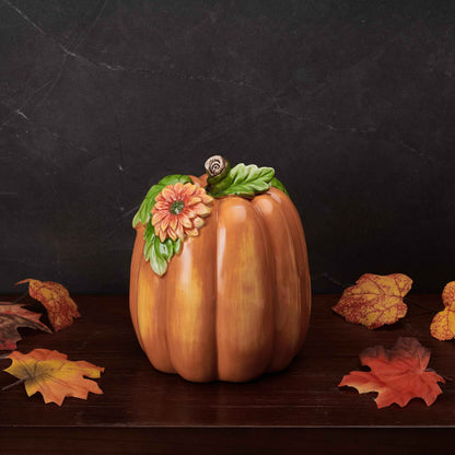 Fitz and Floyd Harvest Halloween Tall Flower Pumpkin Ceramic Figurine, 7 inch