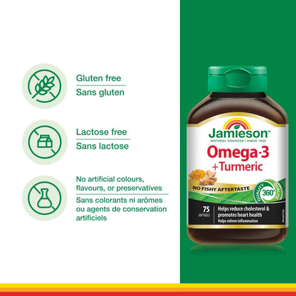 Jamieson Omega-3 + Turmeric Softgels, No Fishy Aftertaste, Supports Heart, Brain, and Joint Health. Fish Oil, Reduces Cholesterol and Inflammation, with EPA and DHA, Gluten-Free, 75 Count, Proudly Canadian 🍁 All In One Marketplace Canada