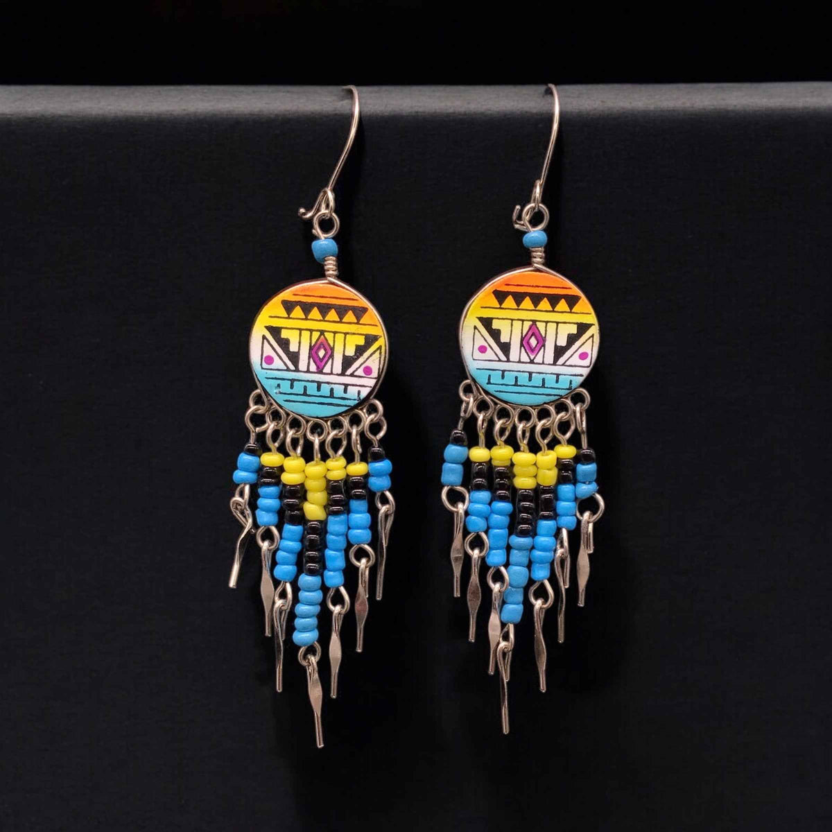 Yellow and Turquoise Southwestern Round Shaped Dangle Earrings