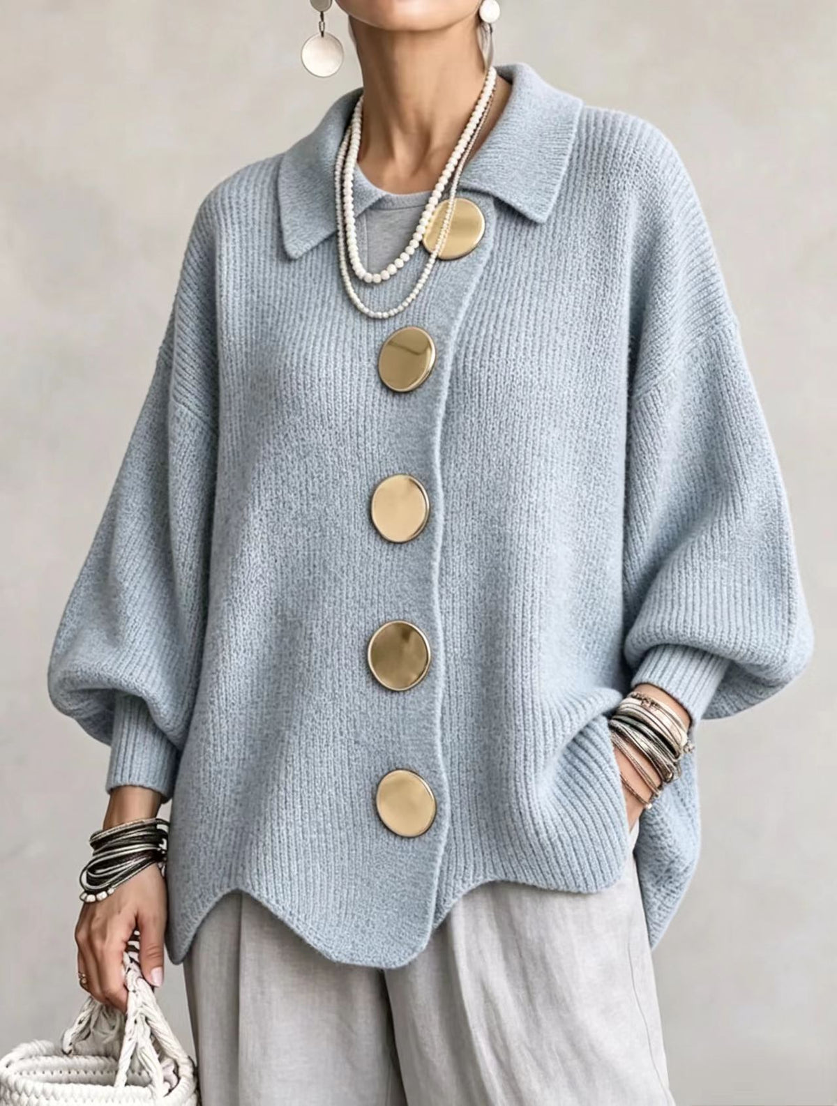 Women's button-down knit cardigan in sky blue with gold buttons