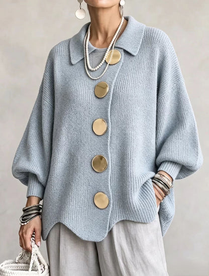 Women's button-down knit cardigan in sky blue with gold buttons