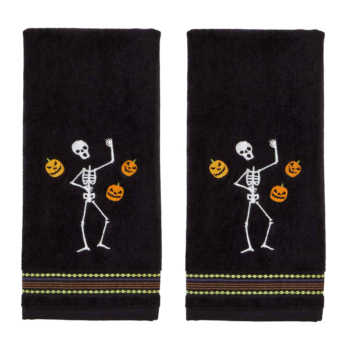 SKL Home Halloween Juggling Skeleton 100% Cotton Embroidered 2pc Hand Towel Set, Decorative for Bath/Kitchen/Bar & Gift, Black