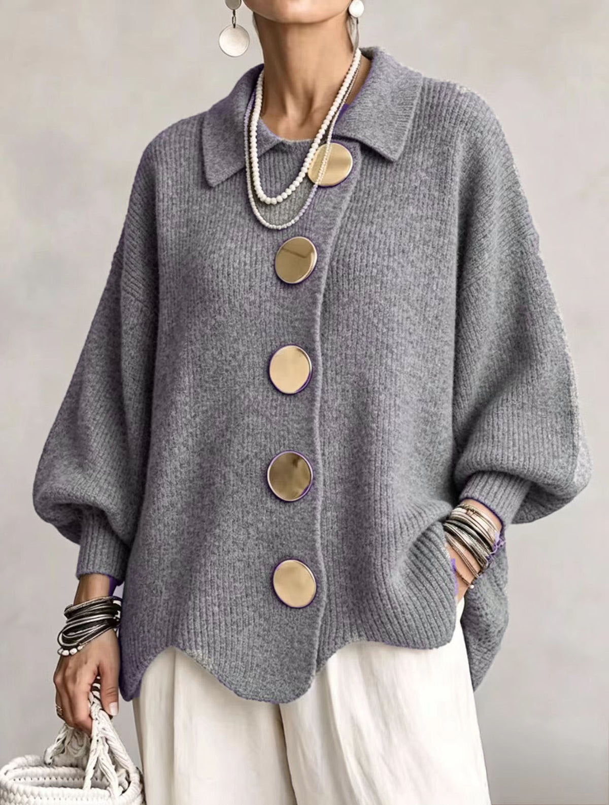 Women's button-down knit cardigan in grey with gold buttons