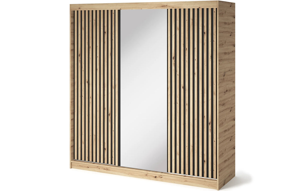Emerio Mirrored 3 Sliding Door Freestanding Wardrobe - Maple Oak
