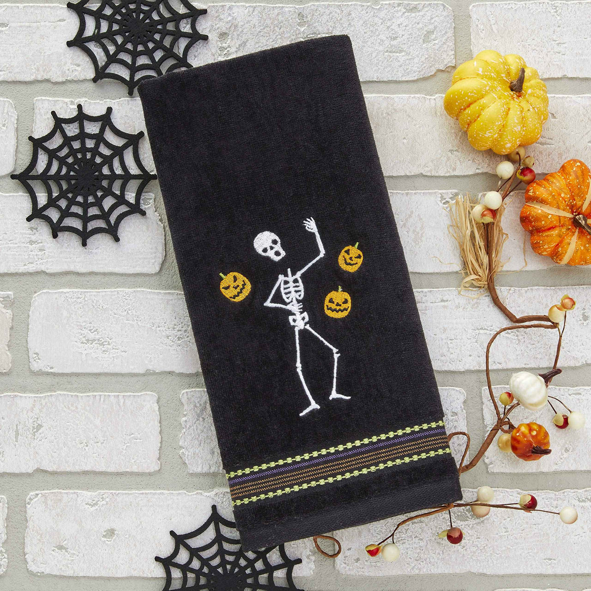 SKL Home Halloween Juggling Skeleton 100% Cotton Embroidered 2pc Hand Towel Set, Decorative for Bath/Kitchen/Bar & Gift, Black