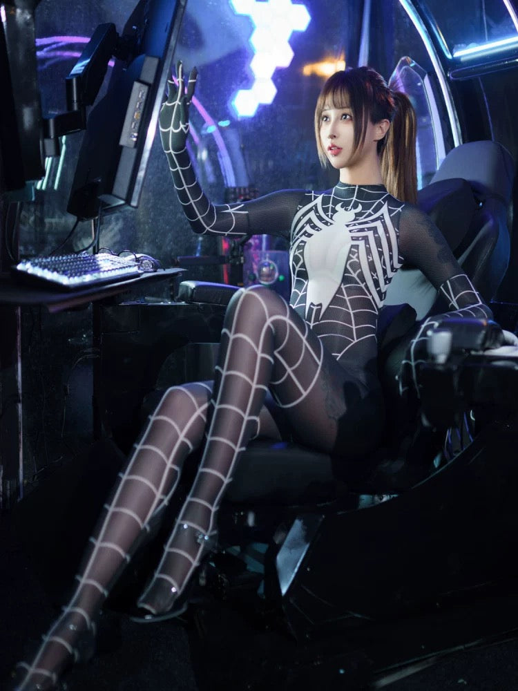 Symbiote Spider Girl Sheer 10D Nylon Full Bodysuit Body Stocking Lingerie