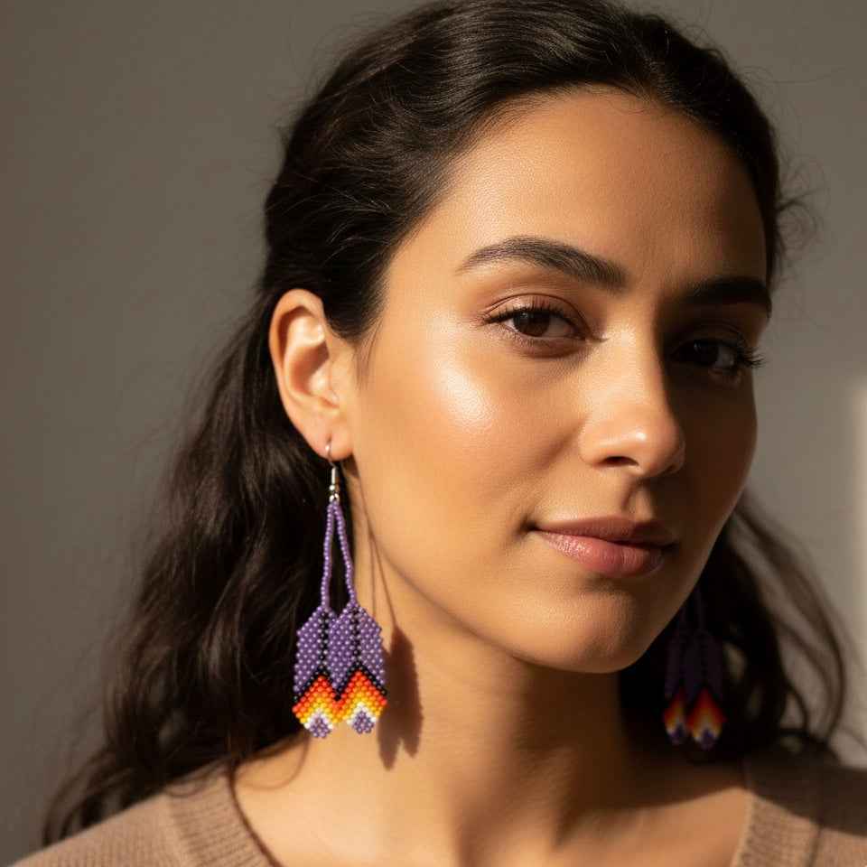 OldTribes™  Purple Beaded Feather Earrings