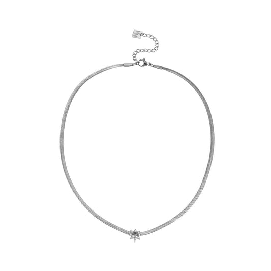 AGULHAS White Gold (Silver Toned): Celestial Elegance - Snake Skin Chain Necklace with Zirconia Embedded Star Charm