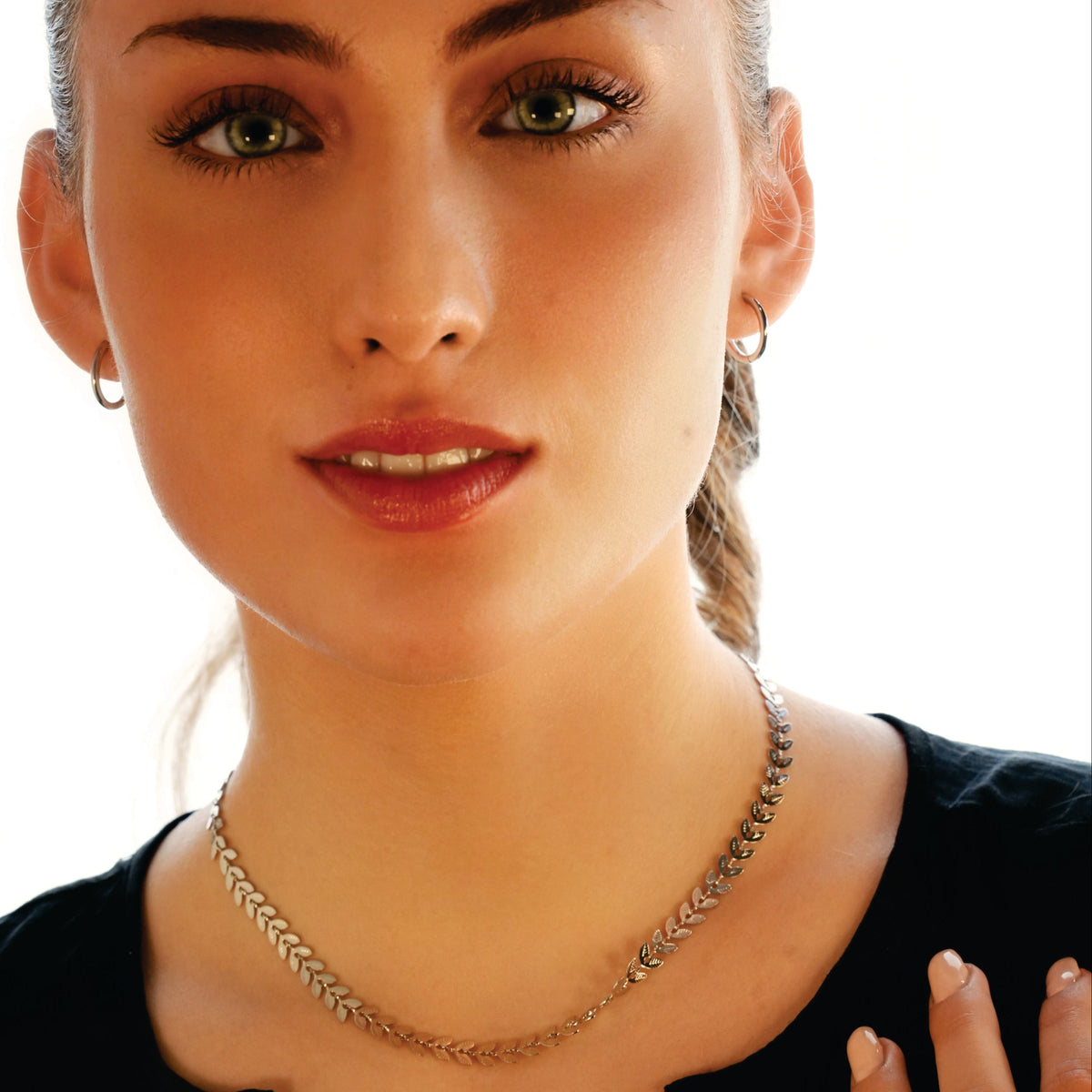 ALALA Silver Toned White Gold: Botanical Beauty Embossed Leaf Necklace