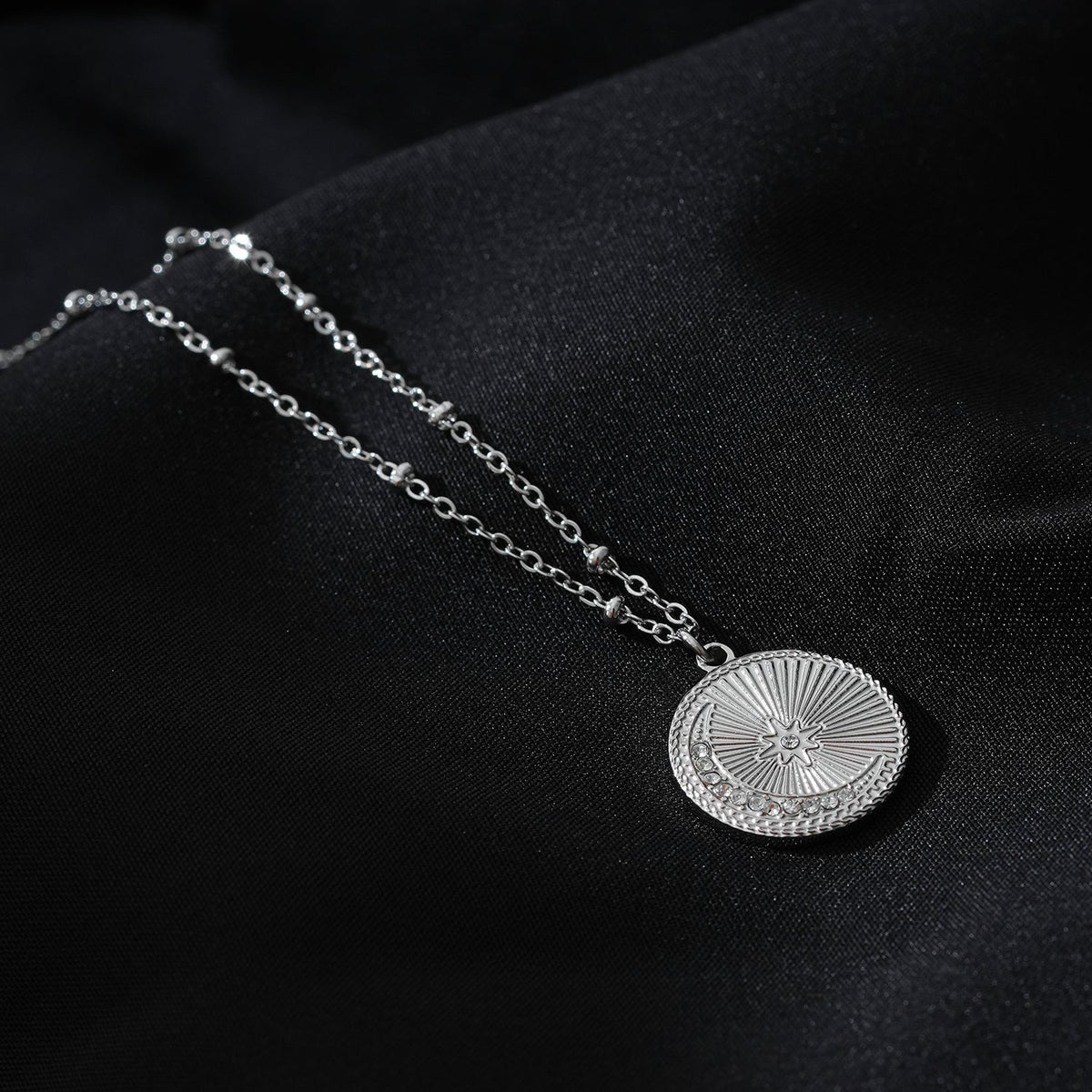 AMASA: Beaded Chain with Star & Pavé Crescent Moon Zirconia Charm - Silver