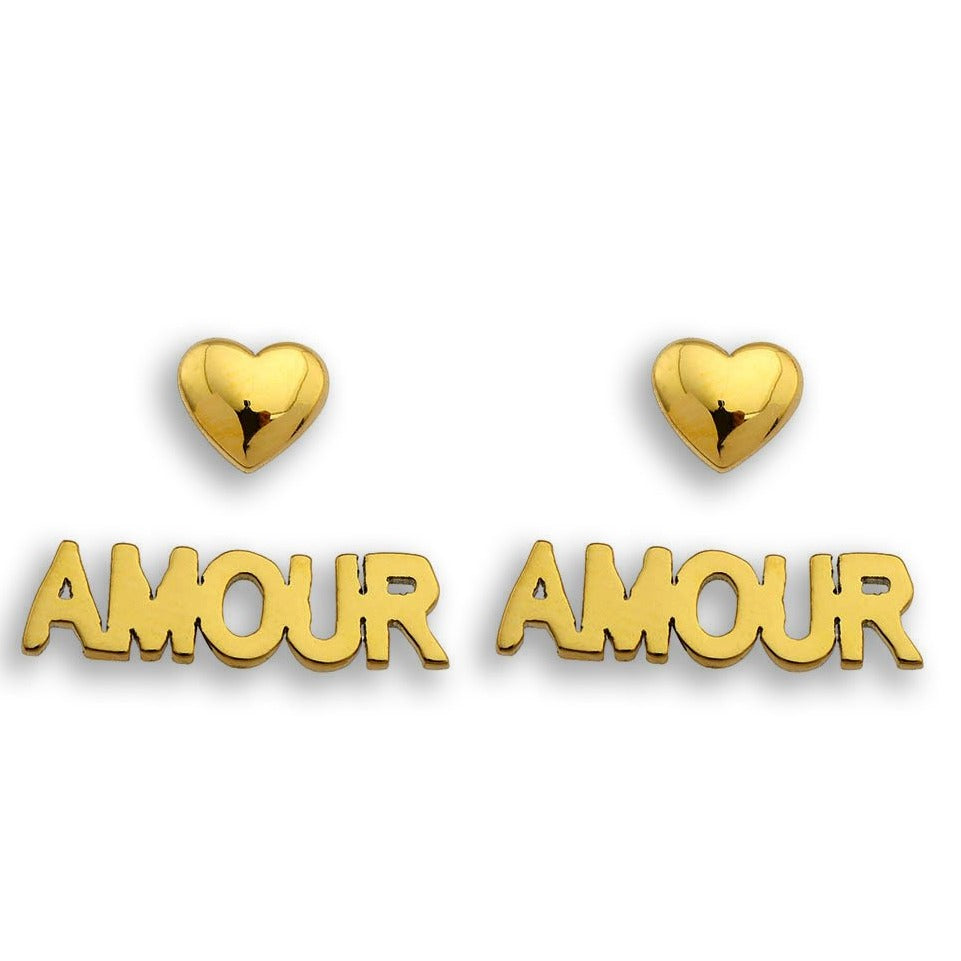 AMOUR & HEART Symbol – Romantic Statement 2-Pair Stud Earrings in Gold.