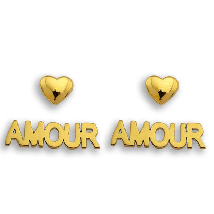 AMOUR & HEART Symbol – Romantic Statement 2-Pair Stud Earrings in Gold.