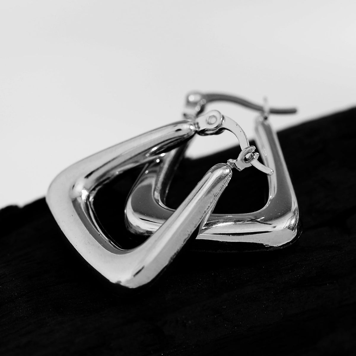 ANIKA: White Gold (Silver Toned) Triangular Chunky Mini Hoop Earrings