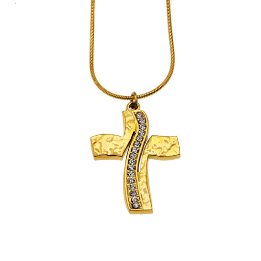 ARCASSA: Zirconia Embedded Hammered Finish Cross Pendant on a Mini Snake Skin Textured Chain Necklace.